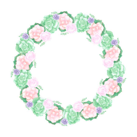 Succulent plants round frame boarder on white Background. Hand drawn Watercolor set. Botanical delicate illustration. Scrapbook design elements. Typography poster, card, label, banner design.の写真素材