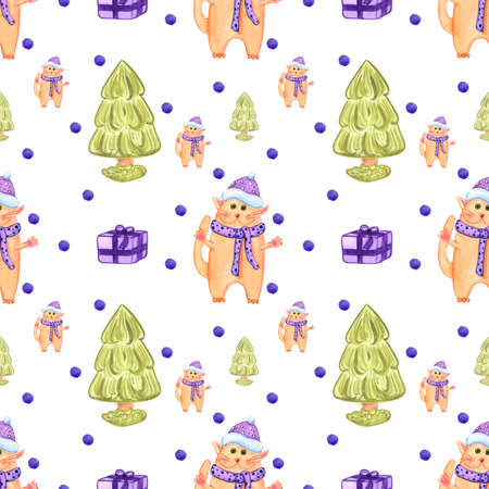 Handdrawn watercolor seamless pattern with cats for children's textile. Scrapbook design, typography poster, label, banner, post cardの写真素材