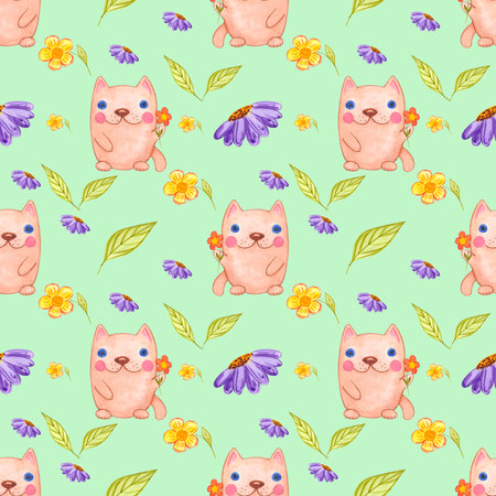 Handdrawn watercolor seamless pattern with cats for children's textile. Scrapbook design, typography poster, label, banner, post cardの写真素材