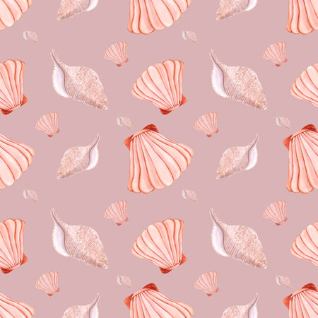 Hand drawn Watercolor seashells pattern on the cream background. Scrapbook design elements. Typography poster, wedding invitation, postcard, label, banner designの写真素材