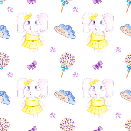 Handdrawn watercolor candy and elephant seamless pattern children's textile. Scrapbook design, typography poster, label, banner, post cardの写真素材