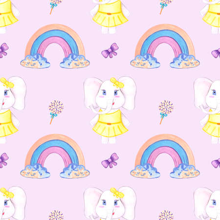 Handdrawn watercolor elephant seamless pattern children's textile. Scrapbook design, typography poster, label, banner, post cardの写真素材