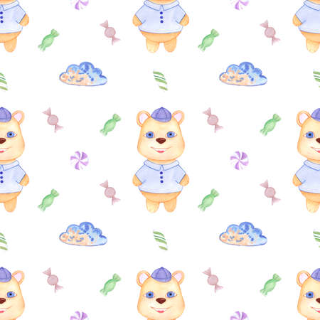 Handdrawn watercolor bear seamless pattern children's textile. Scrapbook design, typography poster, label, banner, post cardの写真素材