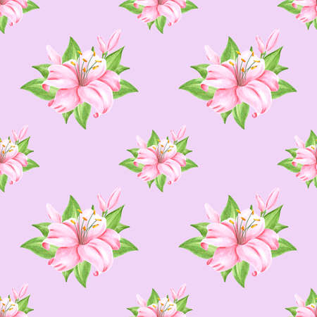 Handdrawn lily flowers seamless pattern. Watercolor pink lily on the lavender background. Scrapbook design, typography poster, label, banner, textileの写真素材