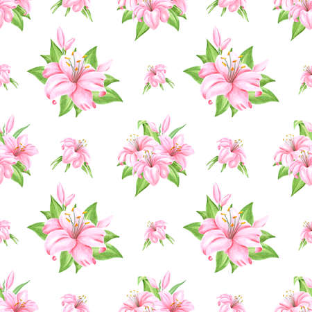 Handdrawn lily flowers seamless pattern. Watercolor pink lily on the white background. Scrapbook design, typography poster, label, banner, textileの写真素材