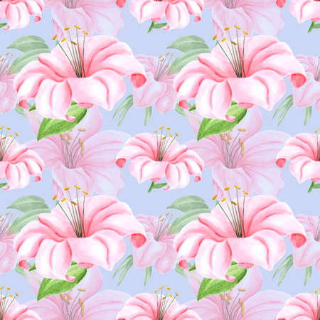 Handdrawn lily flowers seamless pattern. Watercolor pink lily on the light blue background. Scrapbook design, typography poster, label, banner, textileの写真素材