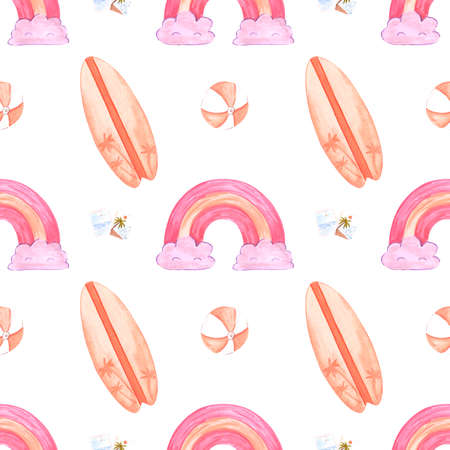Handdrawn summer seamless pattern. Watercolor rainbow and surfboard on the white background. Scrapbook design, typography poster, label, banner, textileの写真素材