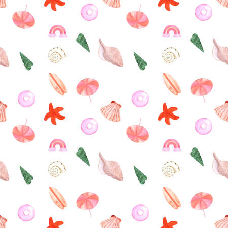 Handdrawn sea seamless pattern. Watercolor seashells and stars on the white background. Scrapbook design, typography poster, label, banner, textileの写真素材