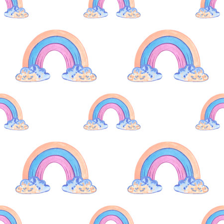 Handdrawn watercolor rainbow and clouds seamless pattern children's textile. Scrapbook design, typography poster, label, banner, post cardの写真素材