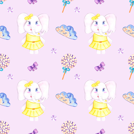 Handdrawn watercolor candy and elephant seamless pattern children's textile. Scrapbook design, typography poster, label, banner, post cardの写真素材