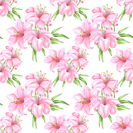 Handdrawn lily flowers seamless pattern. Watercolor pink lily on the white background. Scrapbook design, typography poster, label, banner, textileの写真素材