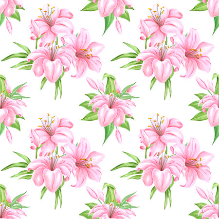 Handdrawn lily flowers seamless pattern. Watercolor pink lily on the white background. Scrapbook design, typography poster, label, banner, textileの写真素材