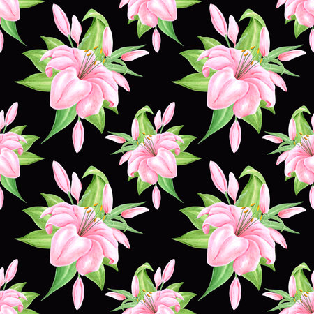 Handdrawn lily flowers seamless pattern. Watercolor pink lily on the black background. Scrapbook design, typography poster, label, banner, textileの写真素材