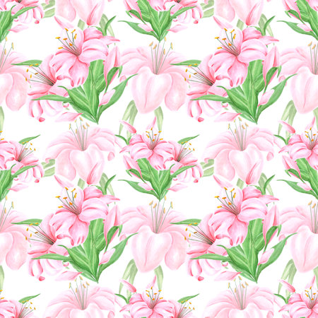 Handdrawn lily flowers seamless pattern. Watercolor pink lily on the white background. Scrapbook design, typography poster, label, banner, textileの写真素材