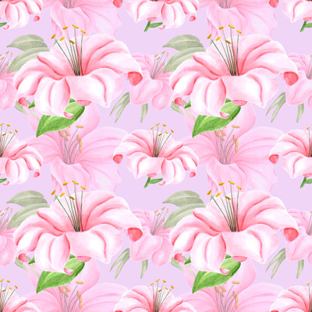 Handdrawn lily flowers seamless pattern. Watercolor pink lily on the pink background. Scrapbook design, typography poster, label, banner, textileの写真素材