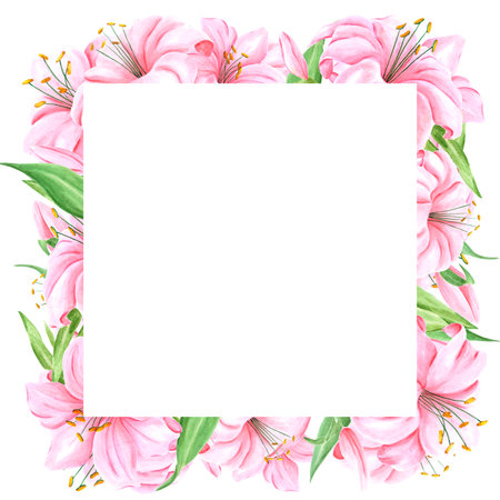 Handdrawn lily flowers frame boarder. Watercolor pink lily on the white background. Scrapbook design, typography poster, label, bannerの写真素材