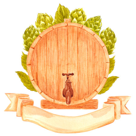 Hand drawn watercolor wooden beer barrel composition on white background. Label, banner, typography, poster, scrapbook designの写真素材