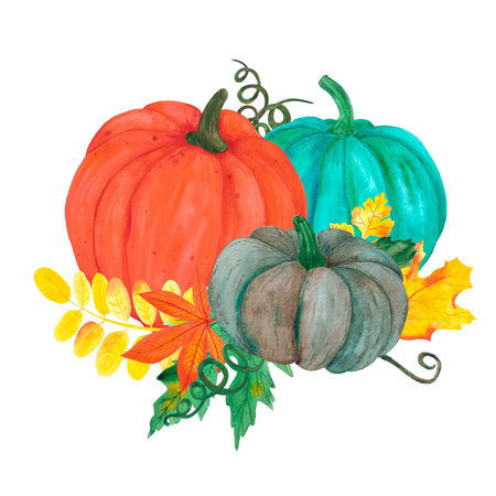Hand drawn watercolor pumpkin and leaves composition on white background. Thanksgiving Scrapbook design, typography poster, label, bannerの写真素材
