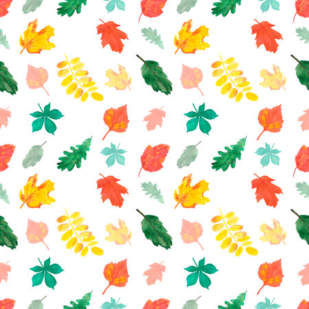 Hand drawn watercolor autumn leaves seamless pattern on white background. Can be used for textile, Scrapbook design, bannerの写真素材