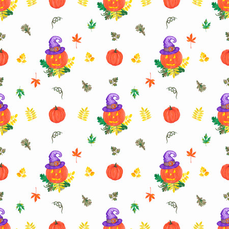 Hand drawn watercolor orange Jack-o-lantern pumpkin seamless pattern on white background. Can be used for textile, Halloween Scrapbook design, bannerの写真素材