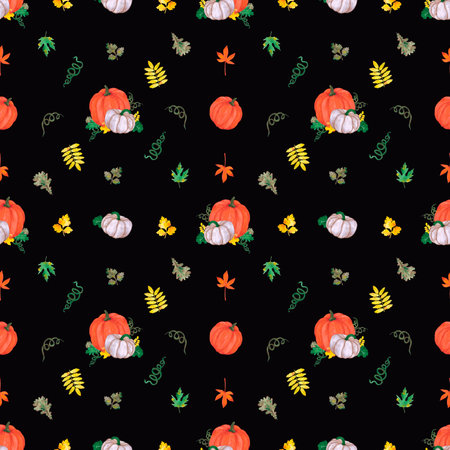 Hand drawn watercolor orange Jack-o-lantern pumpkin seamless pattern on black background. Can be used for textile, Halloween Scrapbook design, bannerの写真素材
