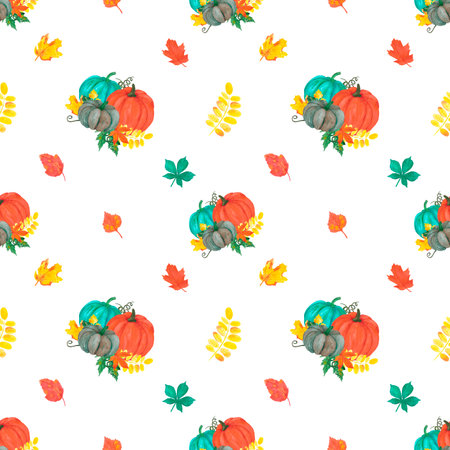 Hand drawn watercolor leaves and pumpkin seamless pattern on white background. Can be used for textile, Halloween Scrapbook design, bannerの写真素材