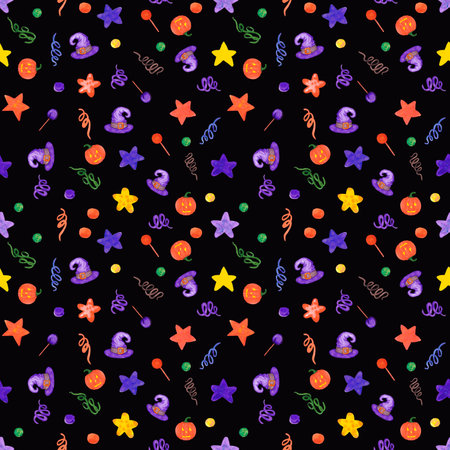 Hand drawn watercolor leaves and pumpkin seamless pattern on black background. Can be used for textile, Halloween Scrapbook design, bannerの写真素材