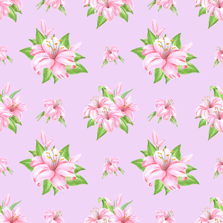 Handdrawn lily flowers seamless pattern. Watercolor pink lily on the lavender background. Scrapbook design, typography poster, label, banner, textileの写真素材