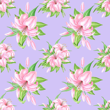 Handdrawn lily flowers seamless pattern. Watercolor pink lily on the purple background. Scrapbook design, typography poster, label, banner, textileの写真素材