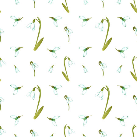 Hand drawn watercolor snowdrop flowers and leaves seamless pattern on white background. Can be used for textile, Scrapbook design, banner, greeting card, invitationの写真素材