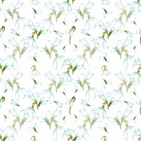Hand drawn watercolor snowdrop flowers and leaves seamless pattern on white background. Can be used for textile, Scrapbook design, banner, greeting card, invitationの写真素材