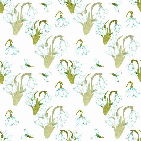 Hand drawn watercolor snowdrop flowers and leaves seamless pattern on white background. Can be used for textile, Scrapbook design, banner, greeting card, invitationの写真素材