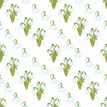 Hand drawn watercolor snowdrop flowers and leaves seamless pattern on white background. Can be used for textile, Scrapbook design, banner, greeting card, invitationの写真素材