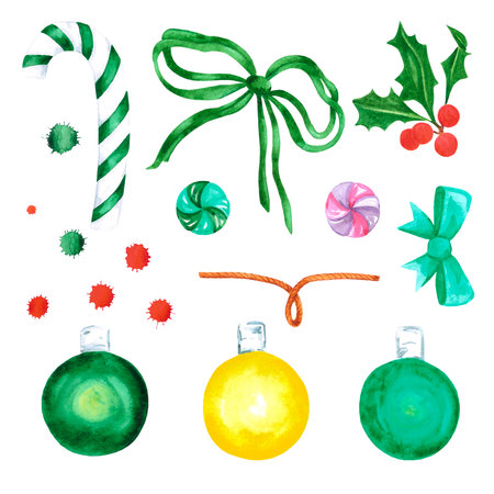 Hand drawn watercolor Christmass and New Year symbols, decorative element. Scrapbook design, typography poster, label, banner, post cardの写真素材