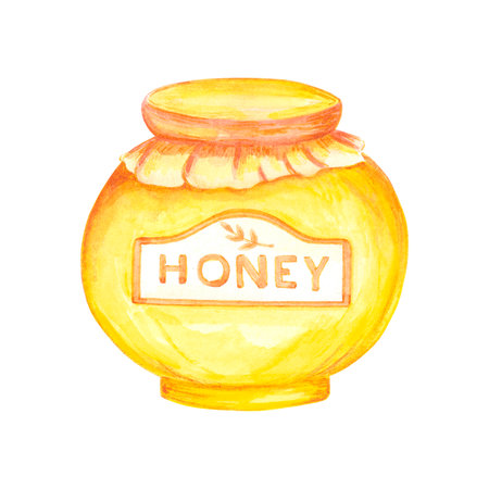 Hand drawn watercolor honey jar on white background. Scrapbook design, typography poster, label, bannerの写真素材
