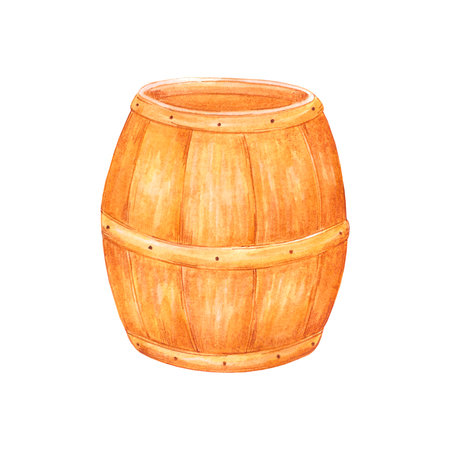 Hand drawn watercolor honey wooden barrel on white background. Scrapbook design, typography poster, label, bannerの写真素材