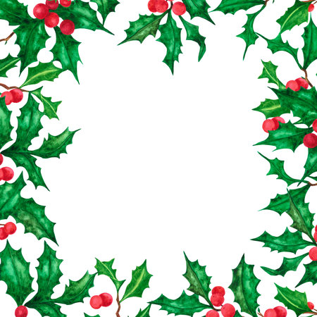 Hand drawn watercolor holly twig frame. Christmass and New Year symbol, decorative element. Scrapbook, poster, label, banner, post cardの写真素材