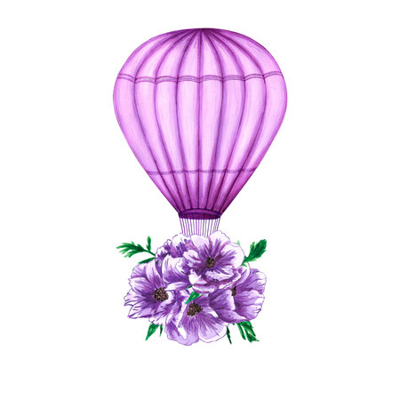 Watercolor purple hot air balloon with anemone flowers. Hand painted illustration on white background. For design, prints, fabric or backgroundの写真素材