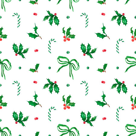 Hand drawn watercolor holly twig seamless pattern on white background. Christmass and New Year symbol, decorative element. Scrapbook, poster, textile, banner, post cardの写真素材