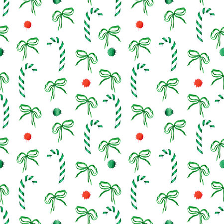 Hand drawn watercolor candy cane and bow seamless pattern on white background. Christmass and New Year symbol, decorative element. Scrapbook, poster, textile, banner, post cardの写真素材