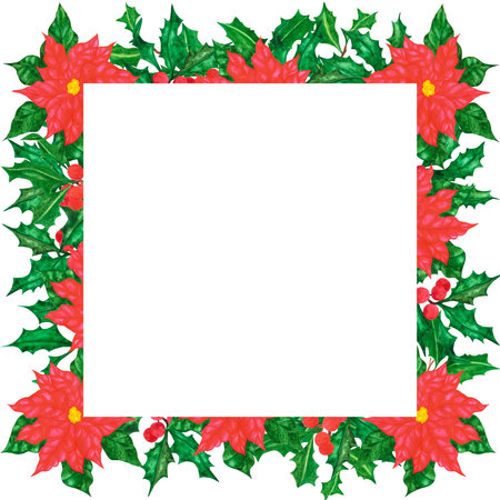 Hand drawn watercolor holly twig and poinsettia frame. Christmass and New Year symbol, decorative element. Scrapbook, poster, label, banner, post cardの写真素材