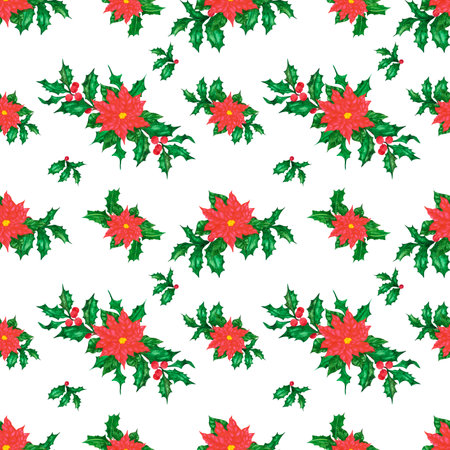 Hand drawn watercolor holly twig and poinsettia seamless pattern on white background. Christmass and New Year symbol, decorative element. Scrapbook, poster, textile, banner, post cardの写真素材