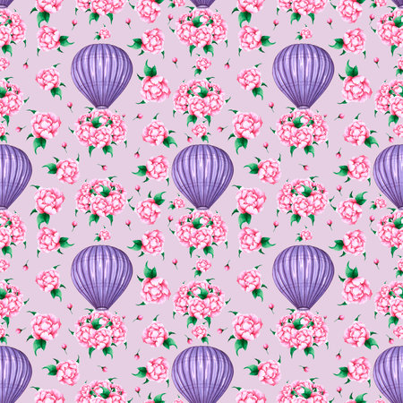 Watercolor purple hot air balloon with peony flowers seamless pattern. Hand painted illustration on blue background. For design, prints, fabric or backgroundの写真素材