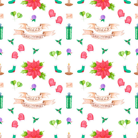 Hand drawn watercolor christmas seamless pattern on white background. Christmass and New Year symbol, decorative element. Scrapbook, poster, textile, banner, post cardの写真素材