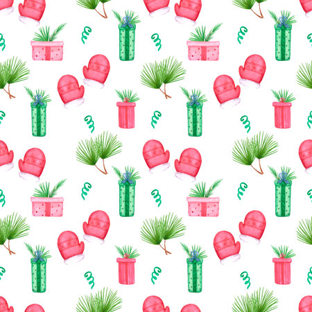 Hand drawn watercolor christmas seamless pattern. Christmass and New Year symbol, decorative element. Scrapbook, textile, fabric, banner, post cardの写真素材