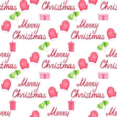 Hand drawn watercolor christmas seamless pattern. Christmass and New Year symbol, decorative element. Scrapbook, textile, fabric, banner, post cardの写真素材