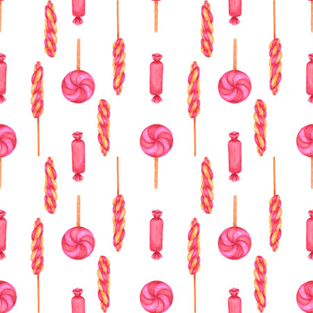 Hand drawn watercolor christmas candy seamless pattern. Christmass and New Year symbol, decorative element. Scrapbook, textile, fabric, banner, post cardの写真素材