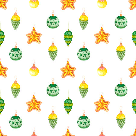 Hand drawn watercolor christmas ornament seamless pattern. Christmass and New Year symbol, decorative element. Scrapbook, textile, fabric, banner, post cardの写真素材