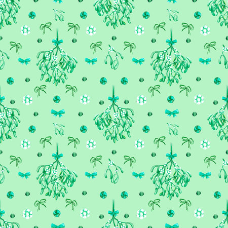 Hand drawn watercolor mistletoe seamless pattern on green background. Christmass and New Year symbol, decorative element. Scrapbook, poster, textile, banner, post cardの写真素材