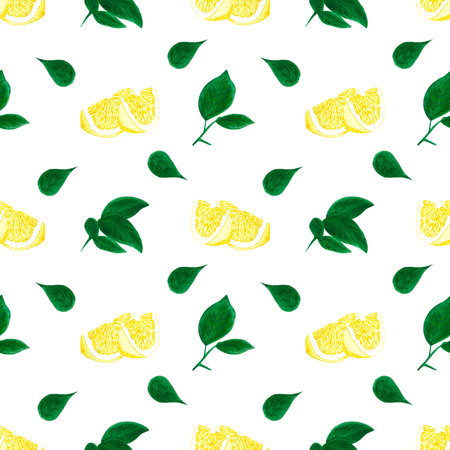 Hand drawn watercolor lemon with green leaves seamless pattern on white background. Scrapbook, post card, textile, fabricの写真素材